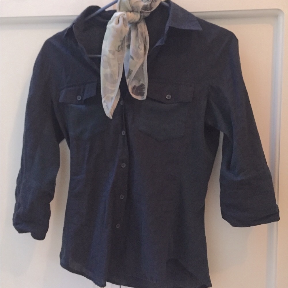 Dark blue 3/4 inch sleeve button down shirt